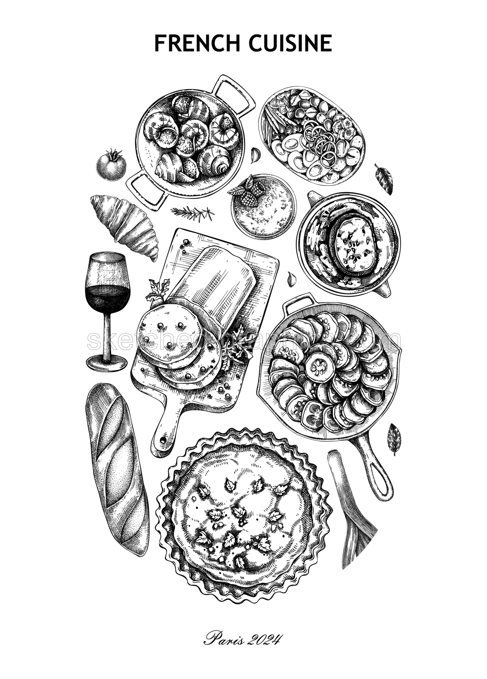 French food poster. Vintage food and wine sketches. European restaurant menu design. France background. Hand-drawn vector illustration, NOT AI generated Illustration